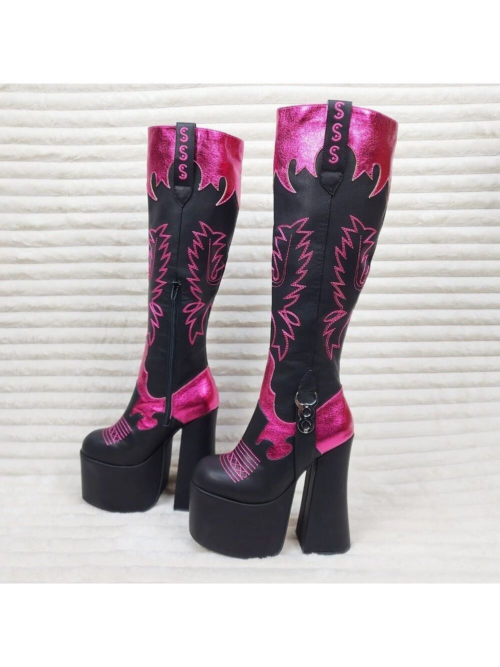 Free Your Mind Western Designed Platform Chunky Heel Knee Boots Festival Gothic - Picture 5 of 17